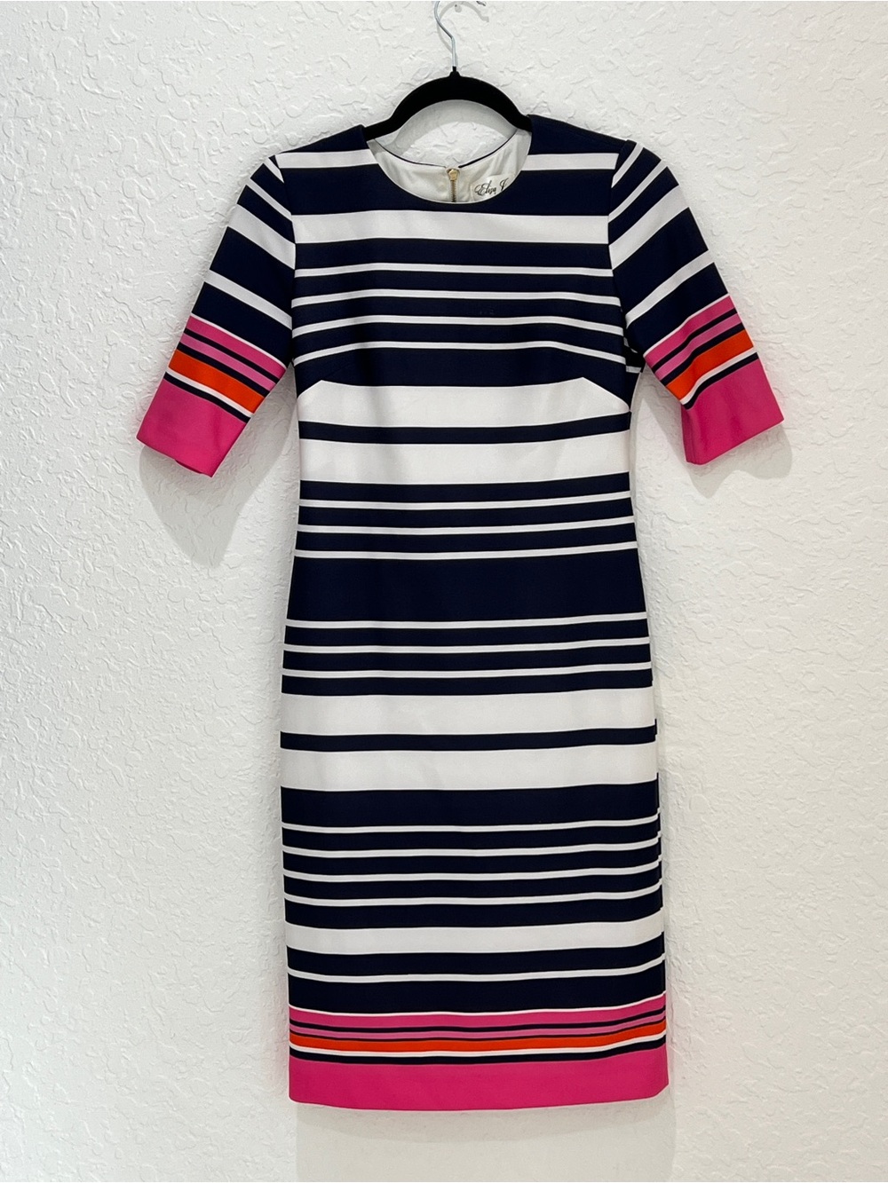 Eliza J Navy & White Striped Sheath Dress with Pink Trim